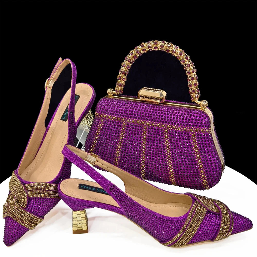 Venus Chan 2024 Special Design High Quality Orange Color African Women Shoes and Bag Set with Shinning Crystal for Wedding Party