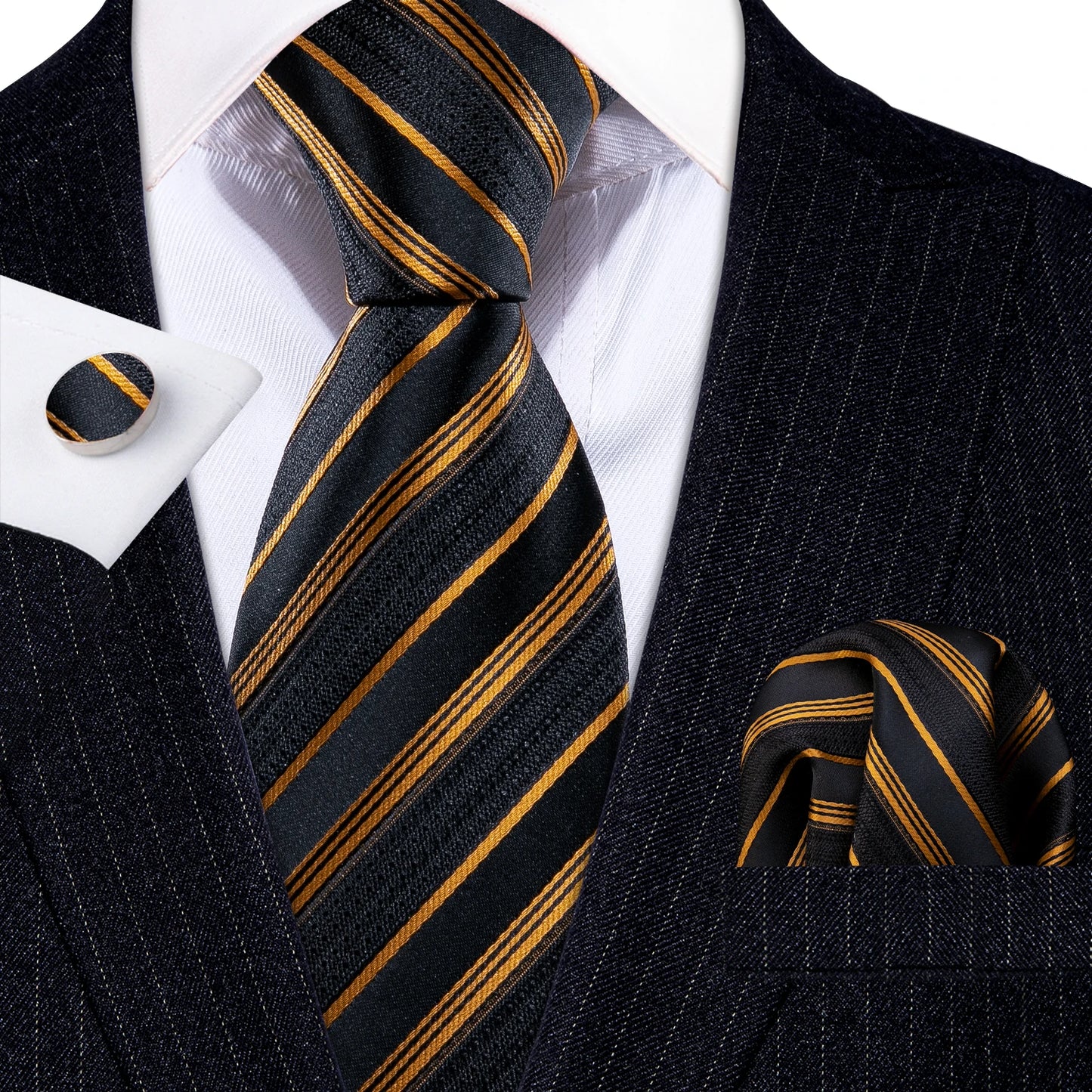 Barry.Wang Gold Silk Mens Tie Hanky Cufflinks Set Yellow Beige Orange Luxury Jacquard Necktie For Male Wedding Business Party