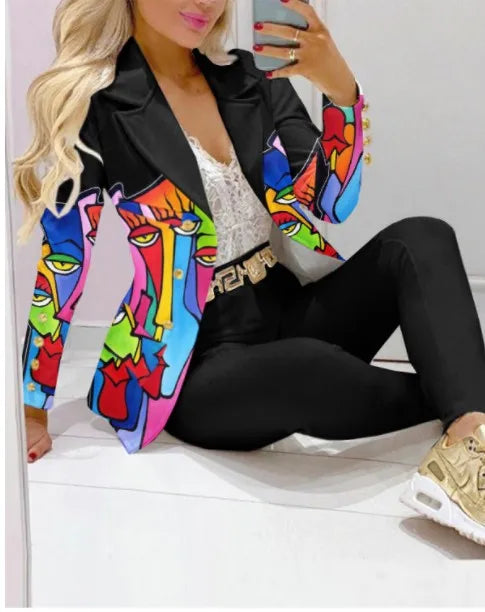 Fashion Butterfly Print Blazer Suit and Pants Two Piece Set for Women 2023 Autumn Winter Outfit Office Lady Casual Clothing