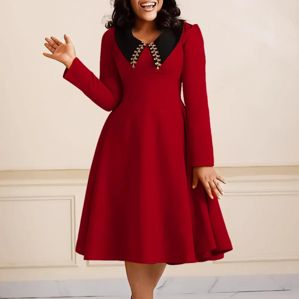 Fashionable Solid Color Women's Long-sleeved Lapel Elegant Slim and Large Sport African Dress
