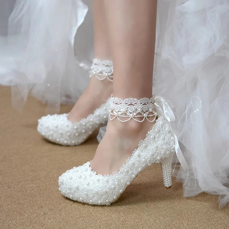 Spring round head shallow pearl lace with waterproof platform wedding shoes thin high-heeled banquet dress large size women shoe