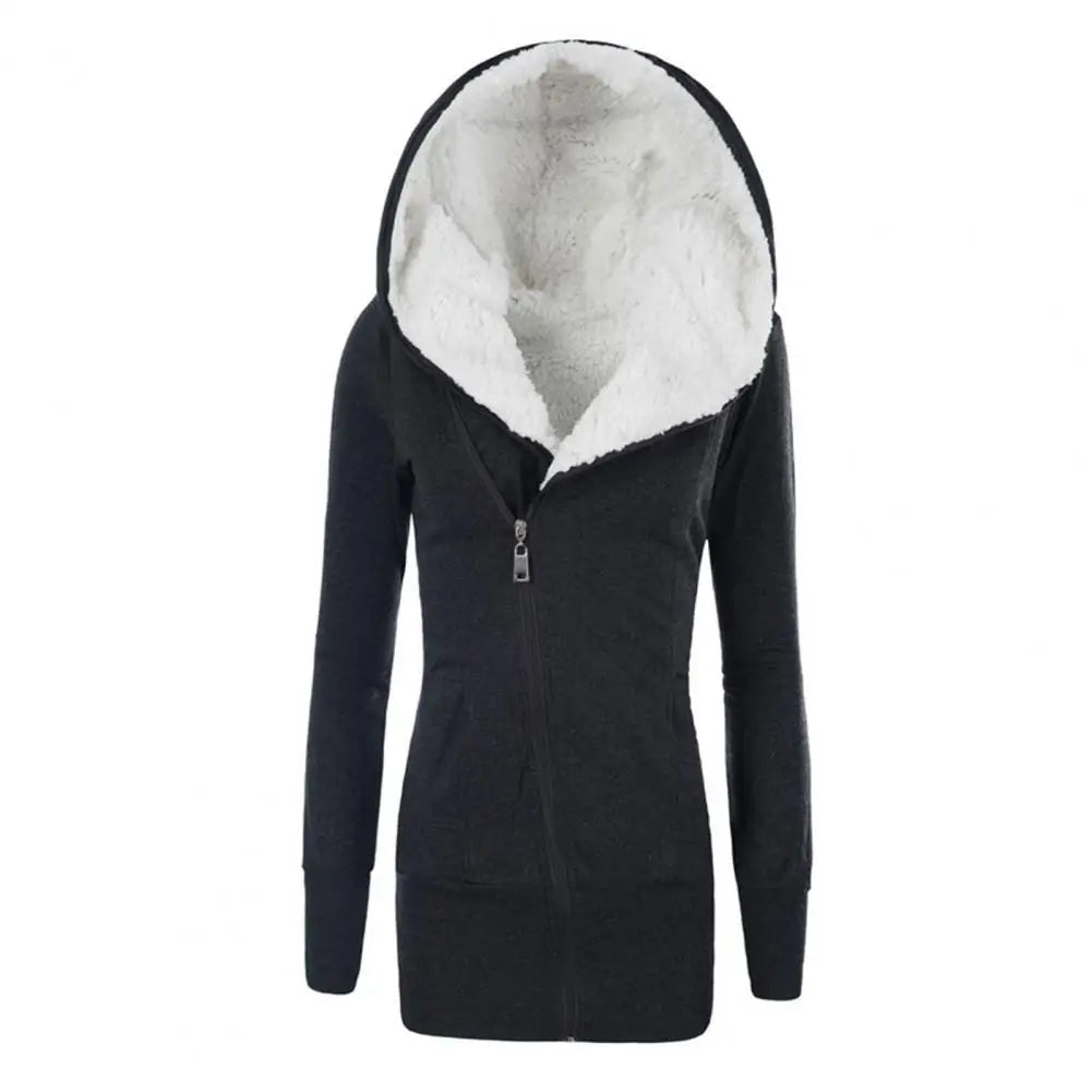Women Fleece Long Hoodie Winter Jacket European And American Women's Winter Thick Warm Lamb Wool Hooded Mid Length Jacket