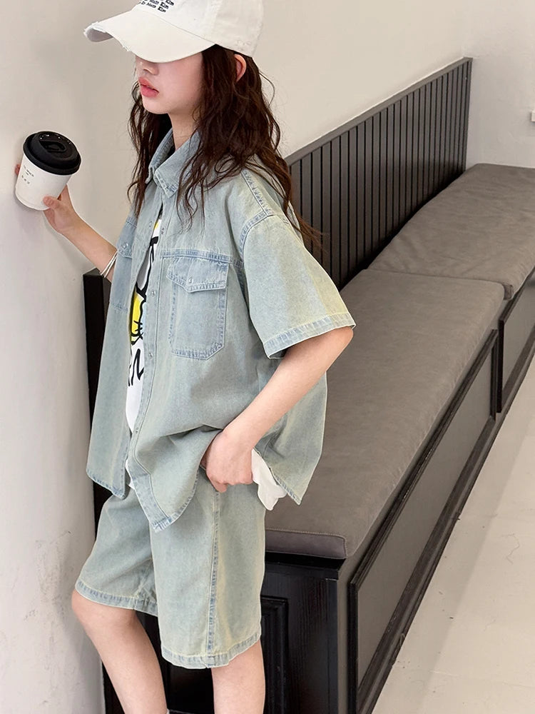 Girls' Summer Tencel Cowboy Set 2025 New Children's Shirt Shorts Two Piece Set Girls' Fashionable Clothes Trendy