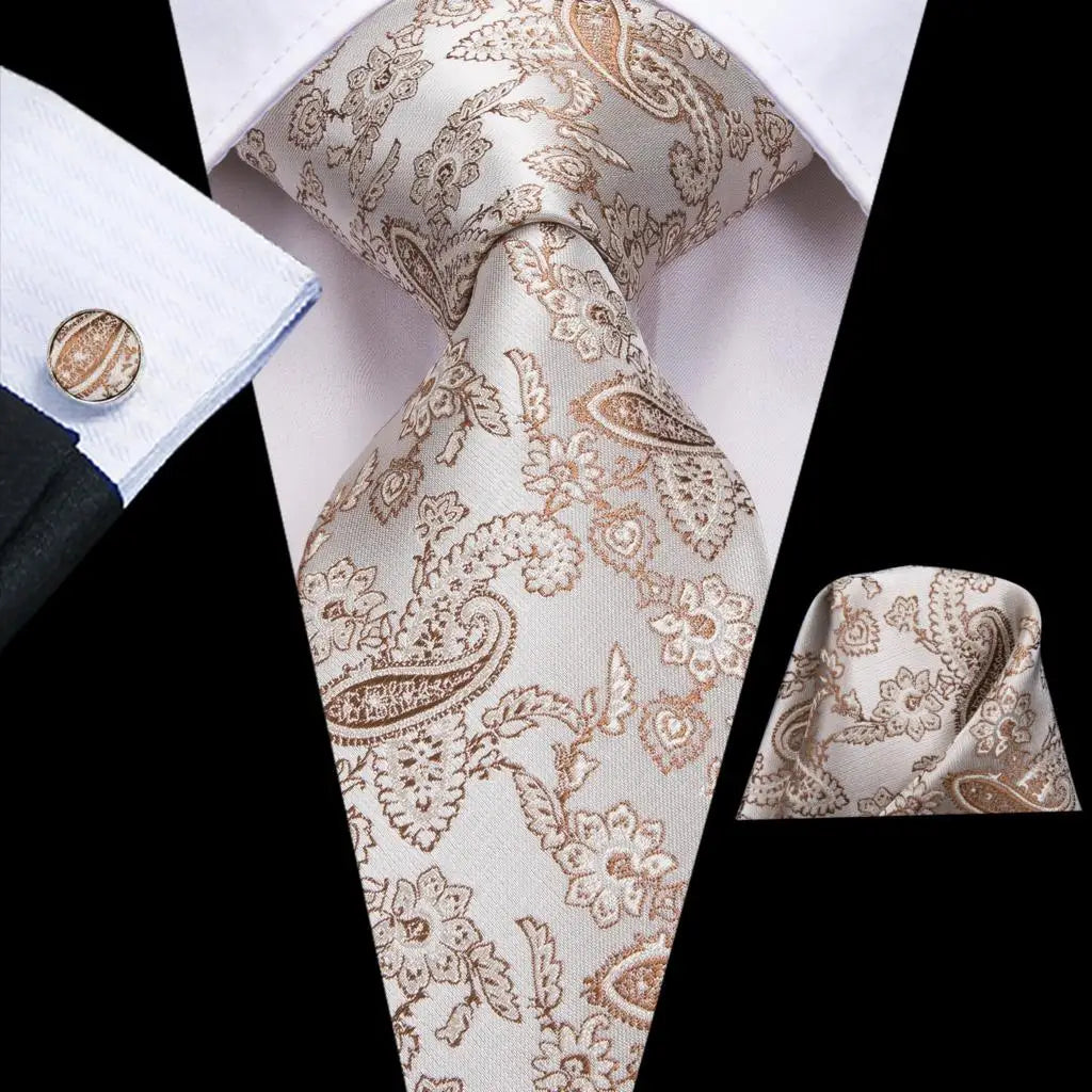 Hi-Tie Champagne Ivory Floral Solid Design Silk Wedding Tie For Men Quality Hanky Cufflink Fashion Nicktie Business Dropshipping