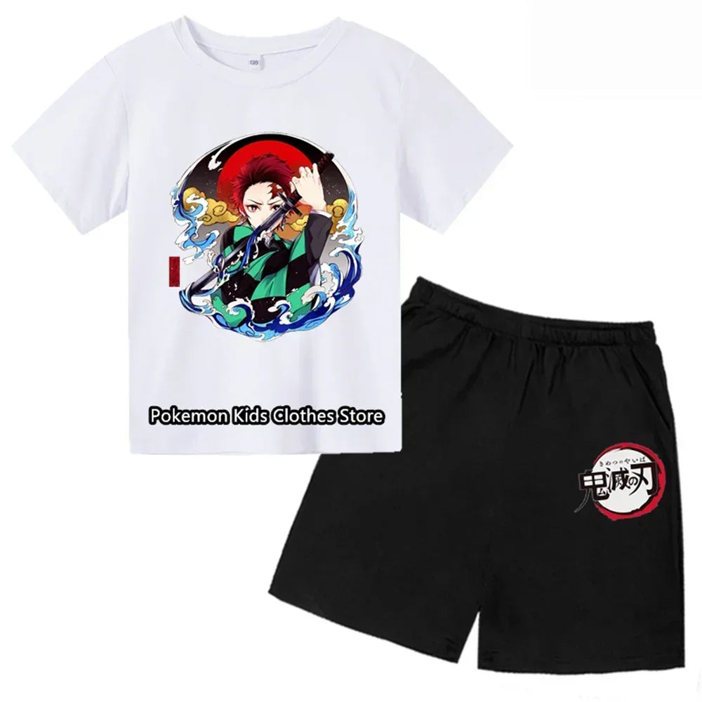 Boys Girls Clothes Set Summer Cartoon Demon Slayer T shirt+Short Pants 2pcs Children Clothing Teen 1 2 3 4-14 Year Kids Suit