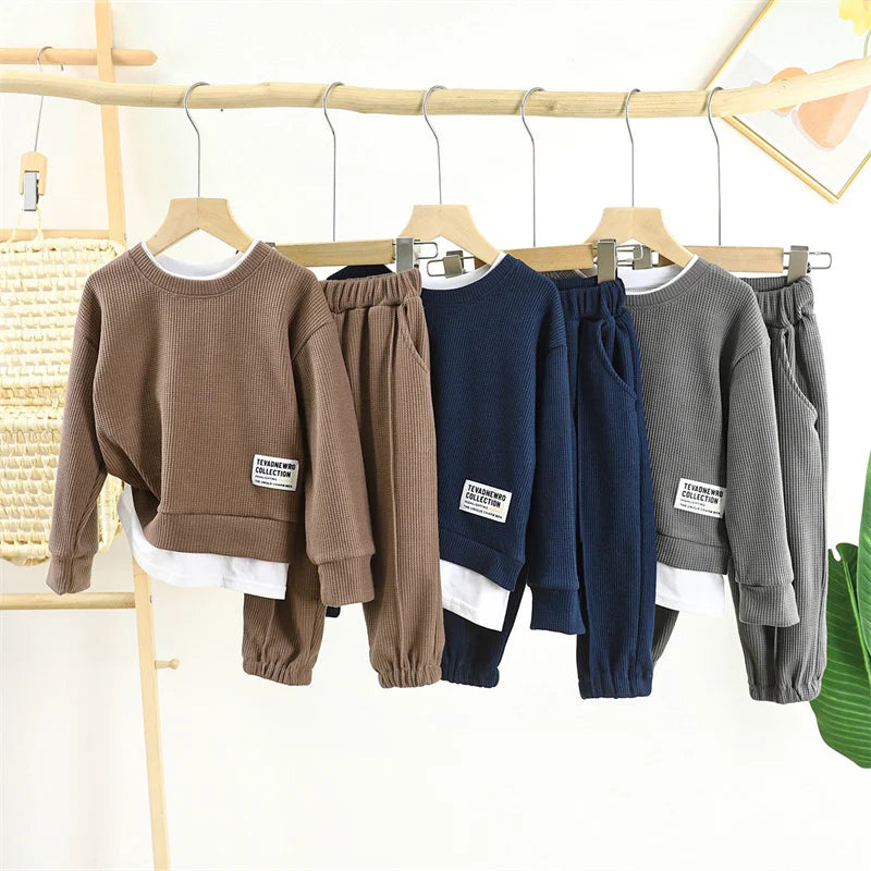 Kids Waffle Casual Sets Boys Autumn Spring Classic Suits Girls Long Sleeves Clothing Children Fashion Top+Pants 2Pcs Outfits