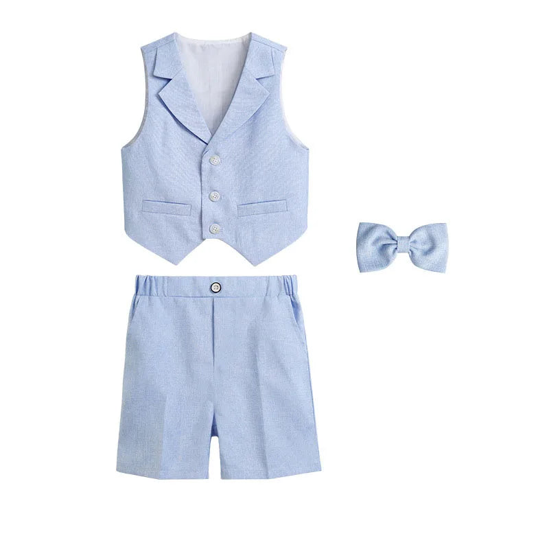 Boys Summer Vest Dress 3Pieces/Set Vest Shorts Bowtie Photograph Suit School Performance Clothing Set Children Wedding Custome