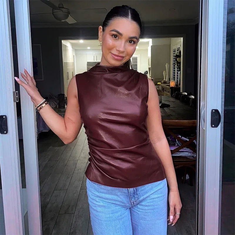 New Fashion Solid Color Leather Stacked Collar Personalized Waist Straightening Sleeveless Top For Women