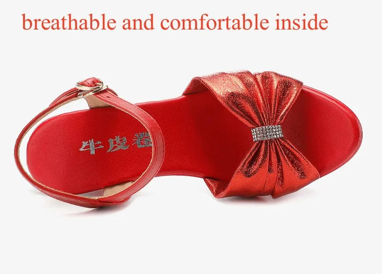 Plus Size 32-43 Elegant Silver Red Wedding Shoes Women Platform Sandals Summer 2025 Block High Heels Leather Sandals Model