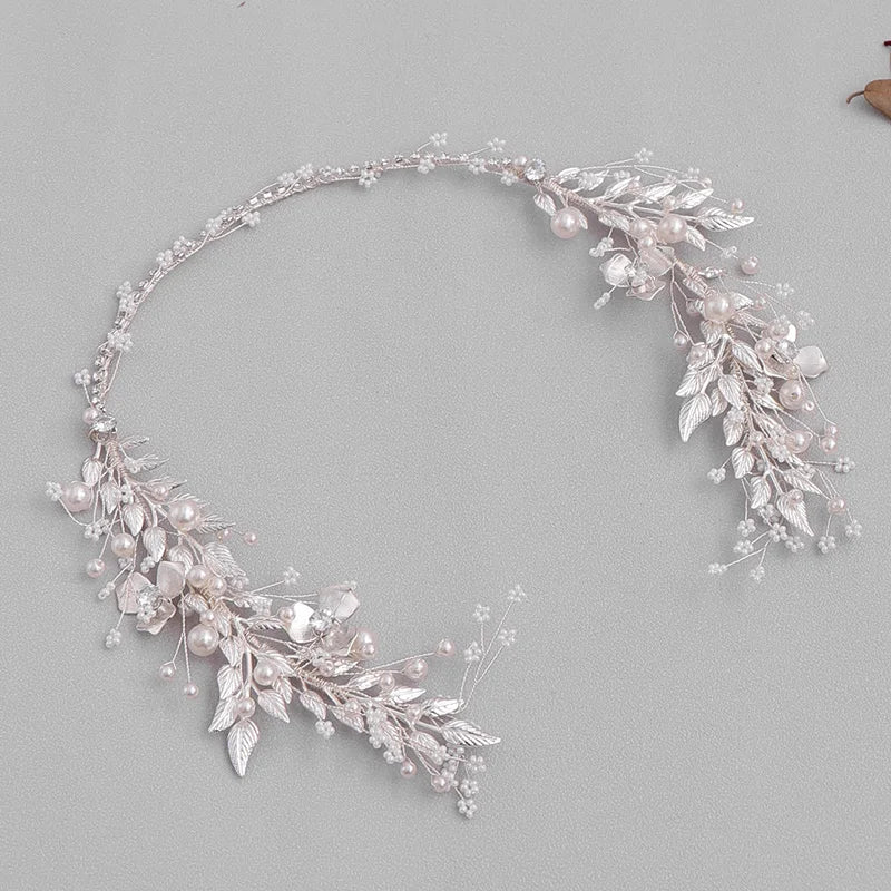 Silver Color Leaf Pearl Headband Tiara For Bridal Hair Accessories Wedding Hair Band Crystal Pearl Tiaras and Brides Headpieces