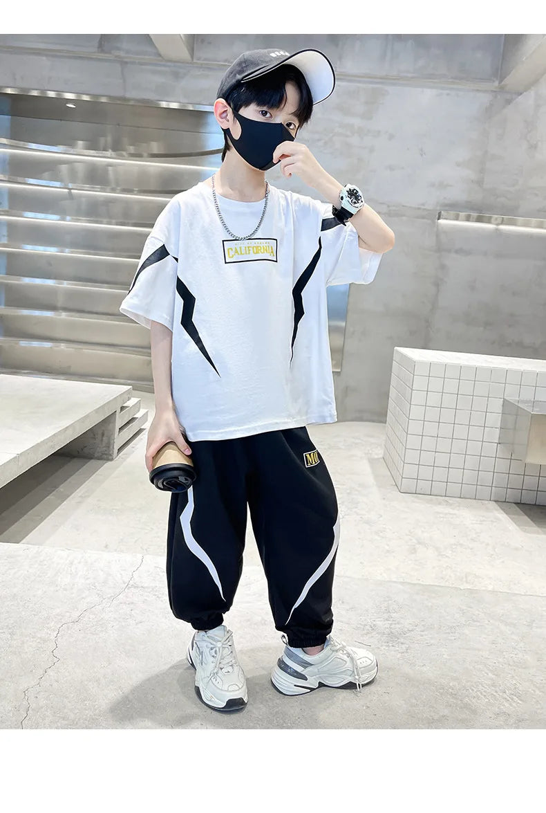 Summer Boys Cotton Alphabet Lightning T-Shirt Tops+Sweatpant School Kids 2PCS Tracksuit Child Jogger Outfit Workout Set 5-14 Yr