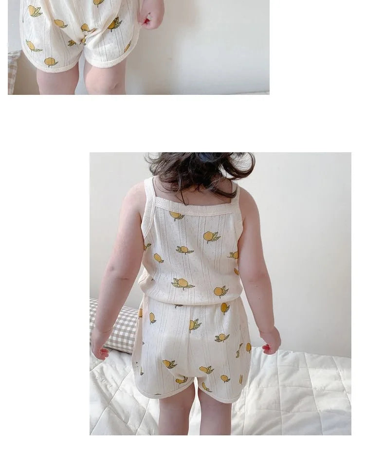 2024 Summer New Baby Sleeveless Tops And Tight Waist Shorts 2 Pieces Suit Girls Square Collar Clothing Set Kids Cotton Clothes