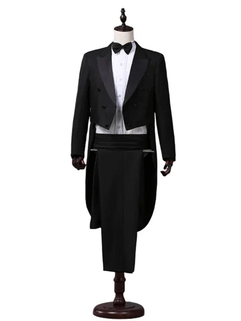 Men's Tuxedo Costume Vintage Formal Tailcoat Slim Fit Peak Lapel Suit Tux Pants Tail Coat Singer Magician Stage Jacket Outfits