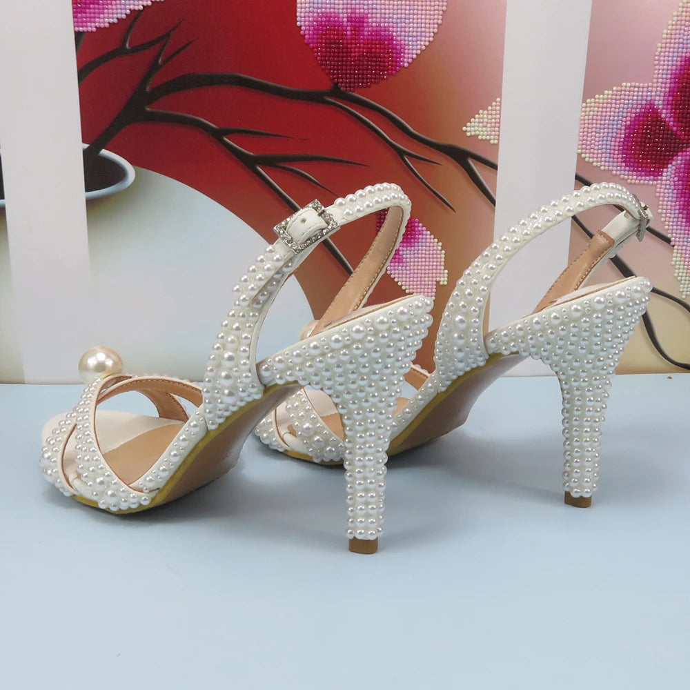 2024 New Arrival Hademade White Sandals Bridal shoes bag set woman Big Pearl Girls fashion Sandals party Shoes Fashion Thin Heel