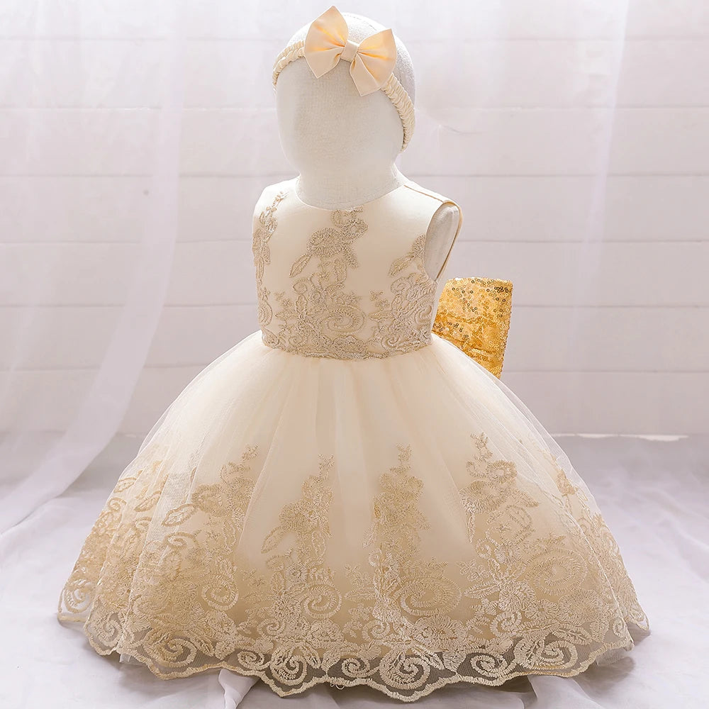 Gold Bow Flower Baby Dress for Girls Christmas Costumes 1st Birthday Party Princess Dresses Wedding Formal Evening Kids Clothing