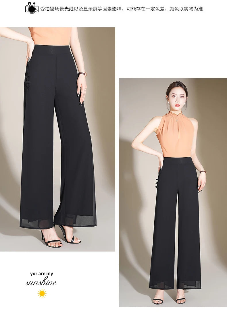 ZUZK Slit Chiffon Long Pants Summer Comfortable Elastic Waist Slim Double Layer Chiffon Pants Chic Droop Chinese Style Pants