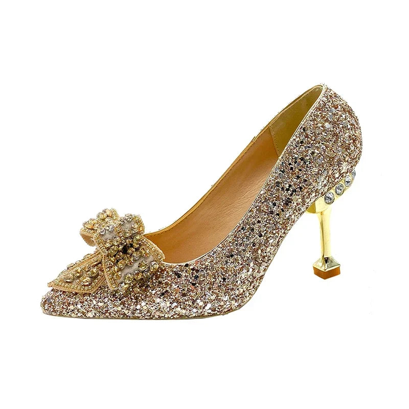 Women's Rhinestone Wedding Shoes New Year Shoes Luxury Buckle Decorative Banquet Women's Shoes High Heels Gold Silver Red