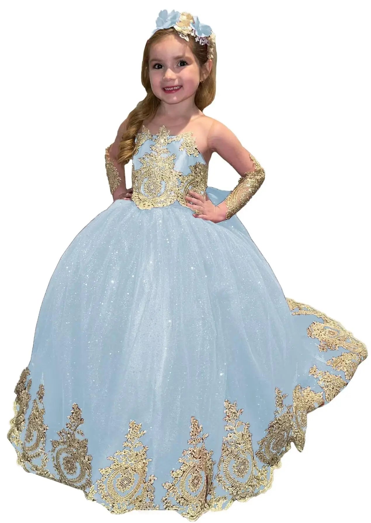 Glitter Puffy Princess Flower Girl Dresses Gold Appliques Bow Tulle Long Pageant Wedding Party Mini Quinceanera Dress Ball Gowns