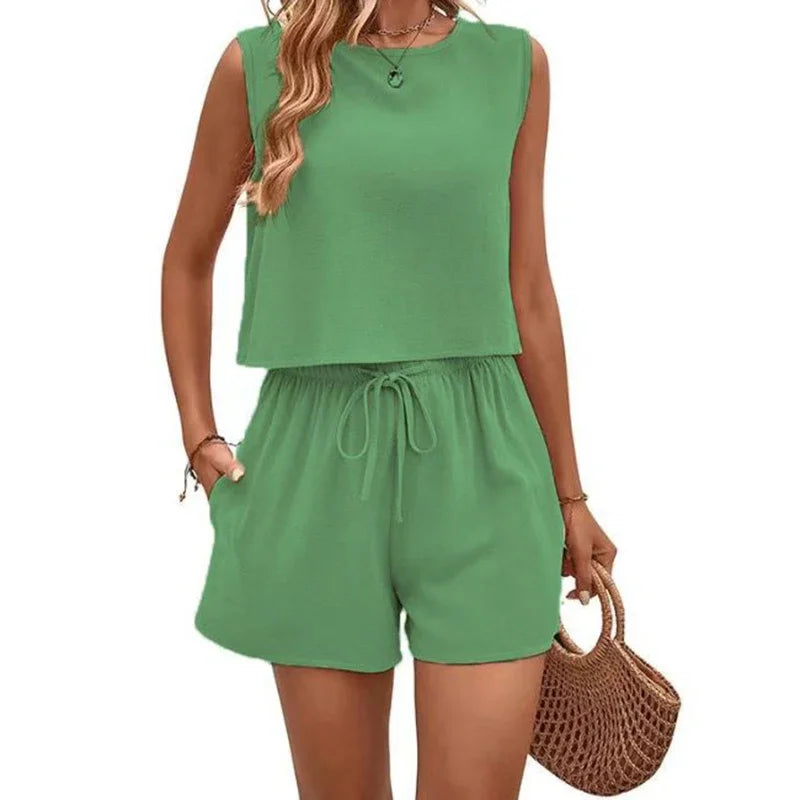 New Lady Classic Baggy Comfortable Sleeveless Top Shorts Set Women Solid Round Neck Top Female Drawstring Elastic Waisted Shorts