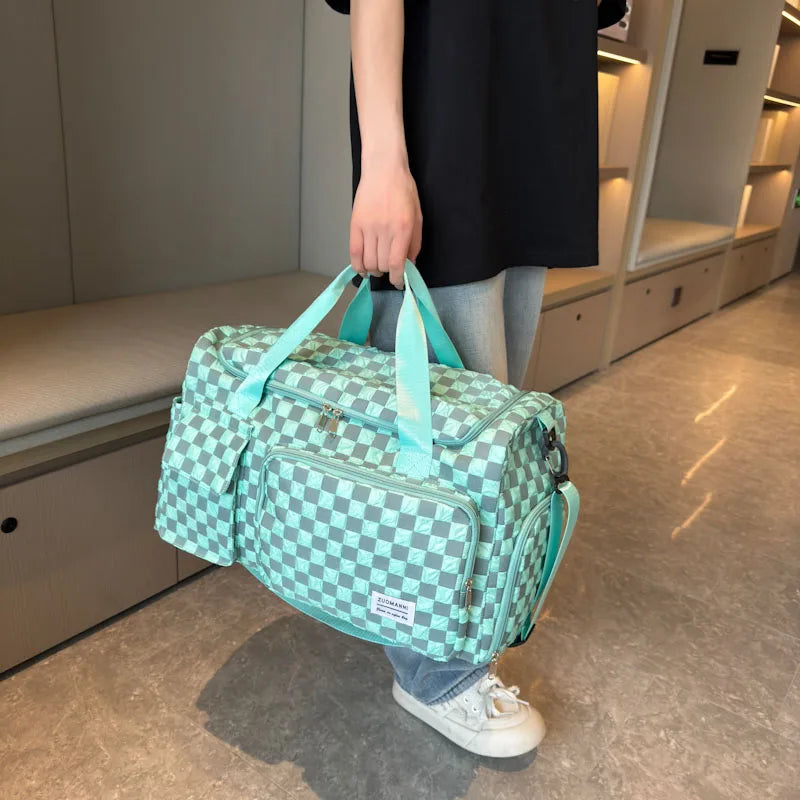Fashion Large Capacity Checkerboard Pattern Duffle Handbag, Lightweight Travel Luggage Storage Bag, Portable Sports Fitness Bag
