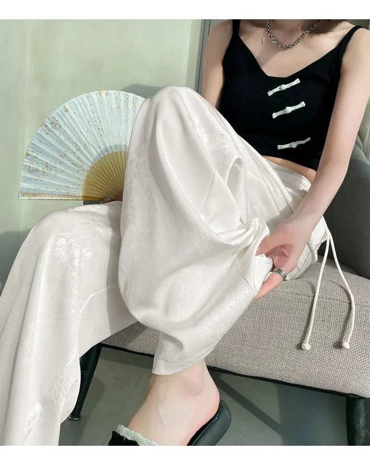 New Chinese Style Jacquard Wide Leg Satin Pants for Women Elegant Solid Office Lady Women's Casual Loose Pants Female