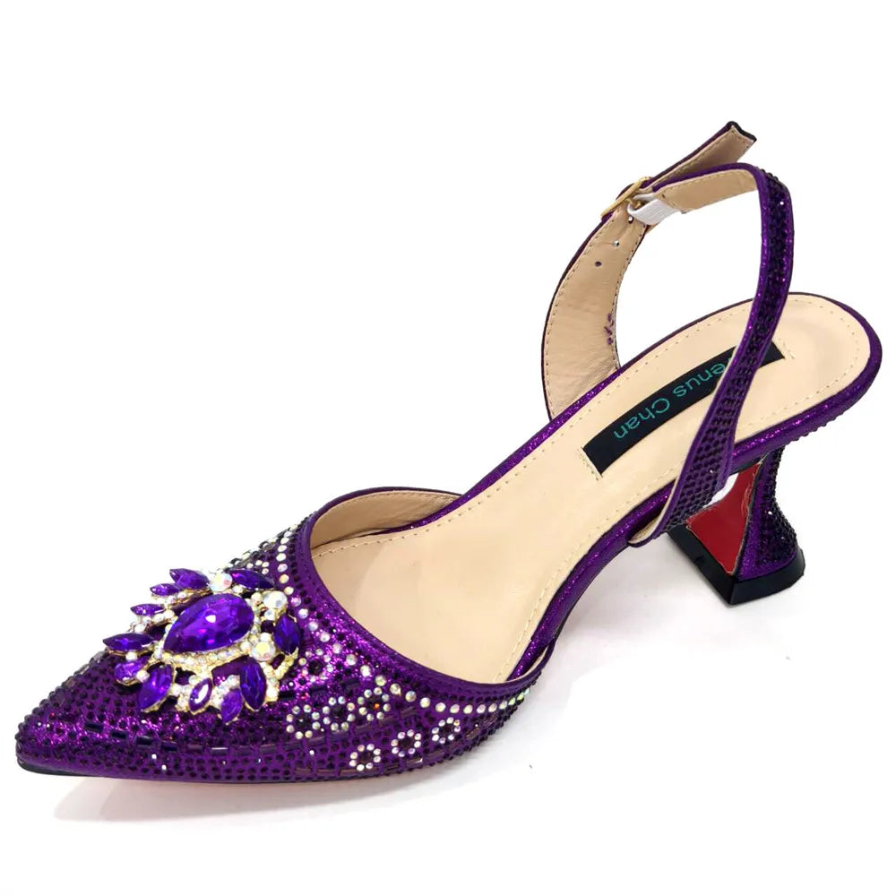 Nigerian Heel Party for Women Blue Color Shoes and Bag Set Rhinestone Handbag Italian Design Wedding INS 2025