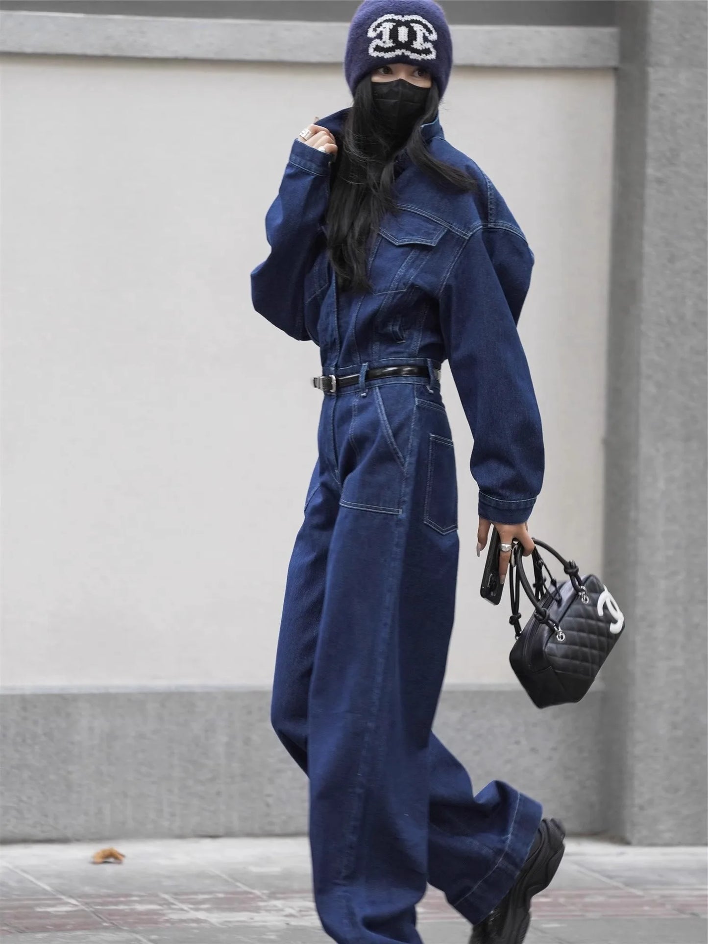 Blue Design Denim Jumpsuit Women'S Spring And Autumn Collar Fashionable Workwear Large Pocket Loose Pants