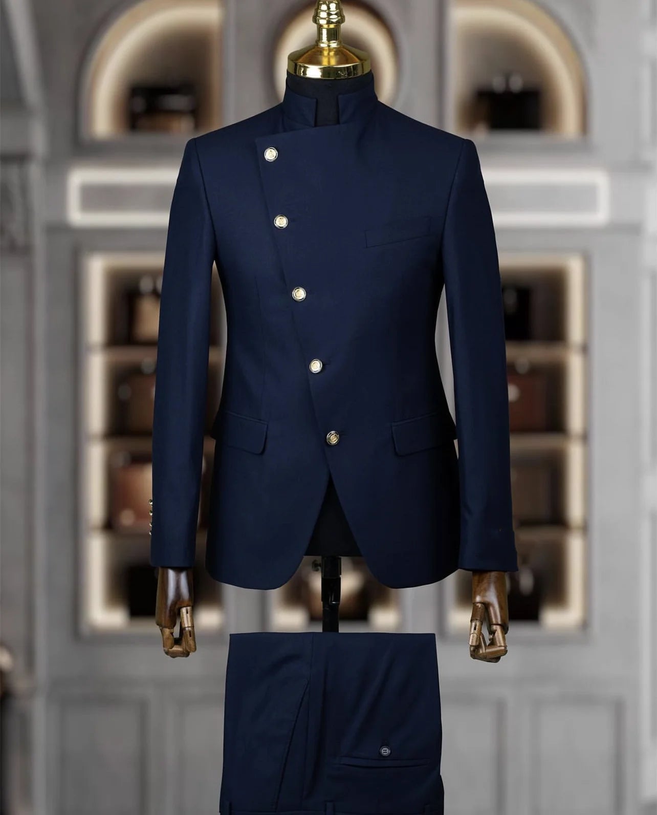 Men's Suit Blazer Sets 2 Pieces East Style Slim Fit Formal Indian Middle Stand-Up Collar Suit for Men Slant-Breasted Wedding