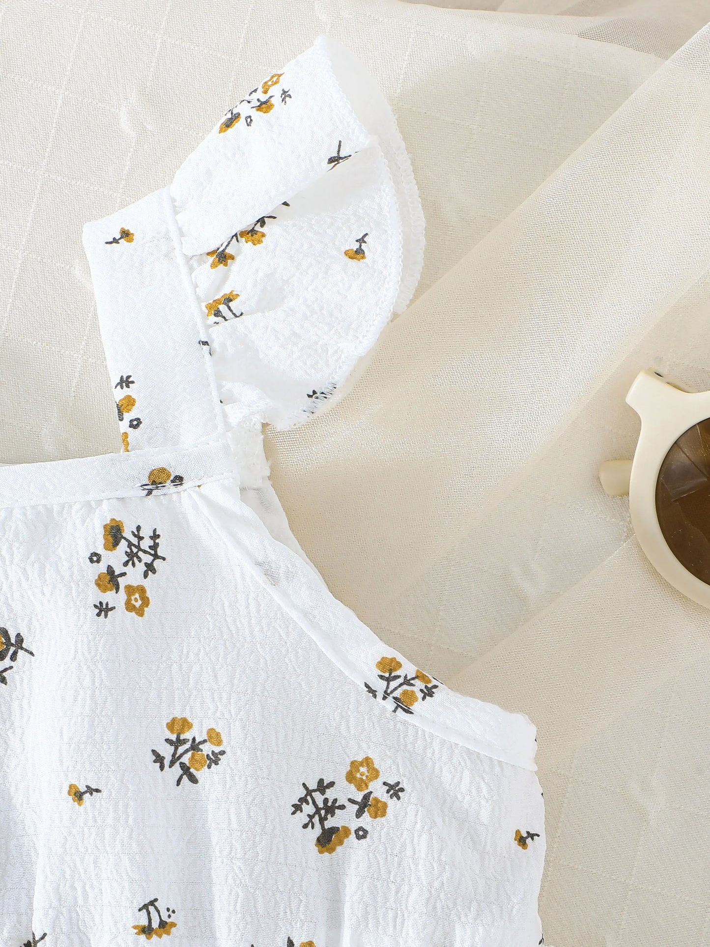 Sweet Girl's Clothing Set - Sleeveless Ruffled - shoulder Blouse with Floral Motifs, Matching Floral - print Shorts, and a Coord