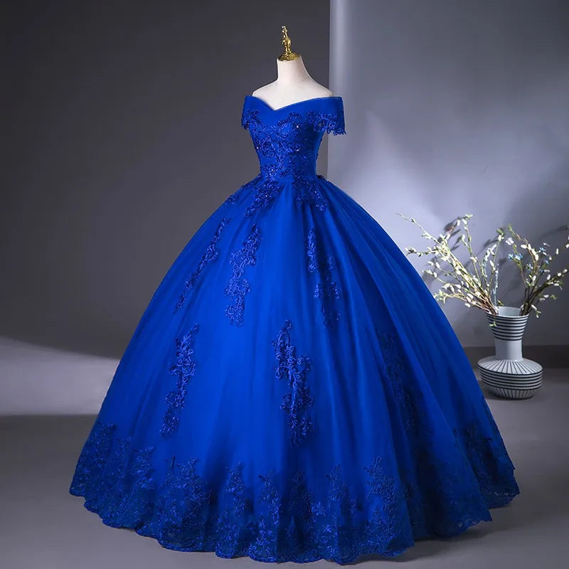 Royal Blue Off The Shoulder Lace Wedding Dress Appliques Beading Bride Dress Vintage Bridal Dresses Plus Size Customized