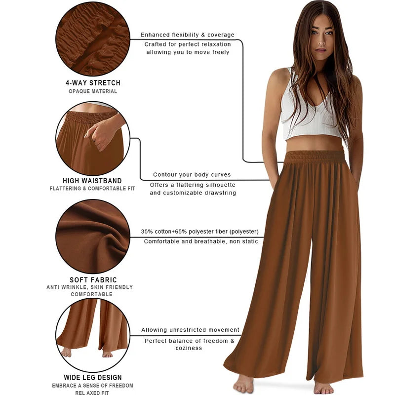 Spring Summer Women Elastic High Waisted Wide Leg Pants Female Solid Long Length Pants Casual Loose Plus Size Ladies Trousers
