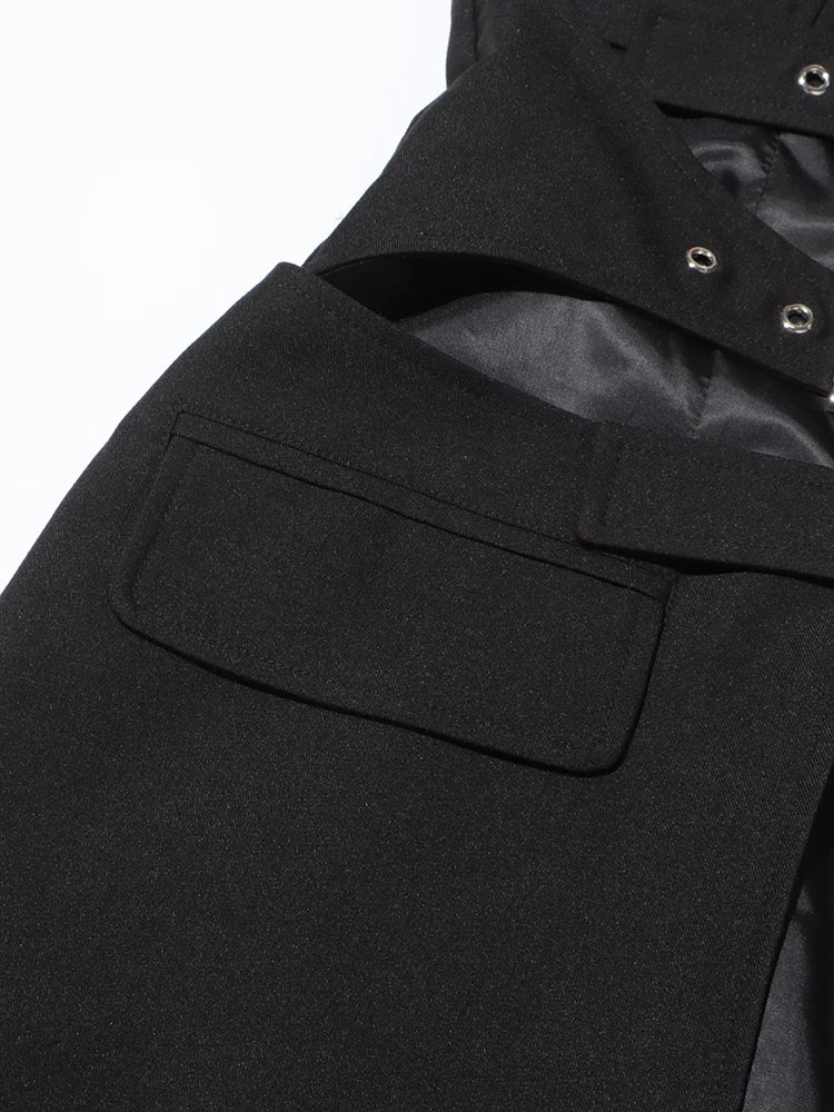 TWOTWINSTYLE Solid Hollow Out Sexy Long Coat For Women Lapel Long Sleeve Spliced Belt Chic Sexy Asymmetrical Jackets Female New