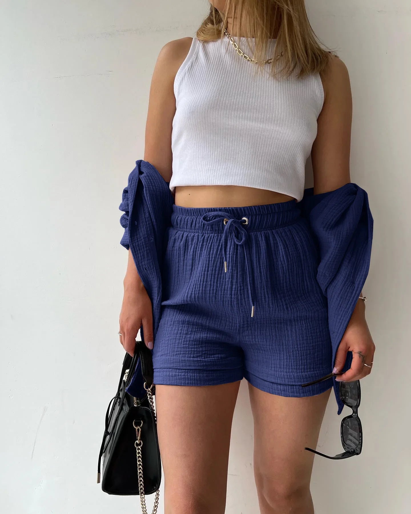 Short Sets Women Tracksuit Single Breasted Cardigan Blouses Two Pieces Shorts Loose Button High Street Solid Pockets Folds