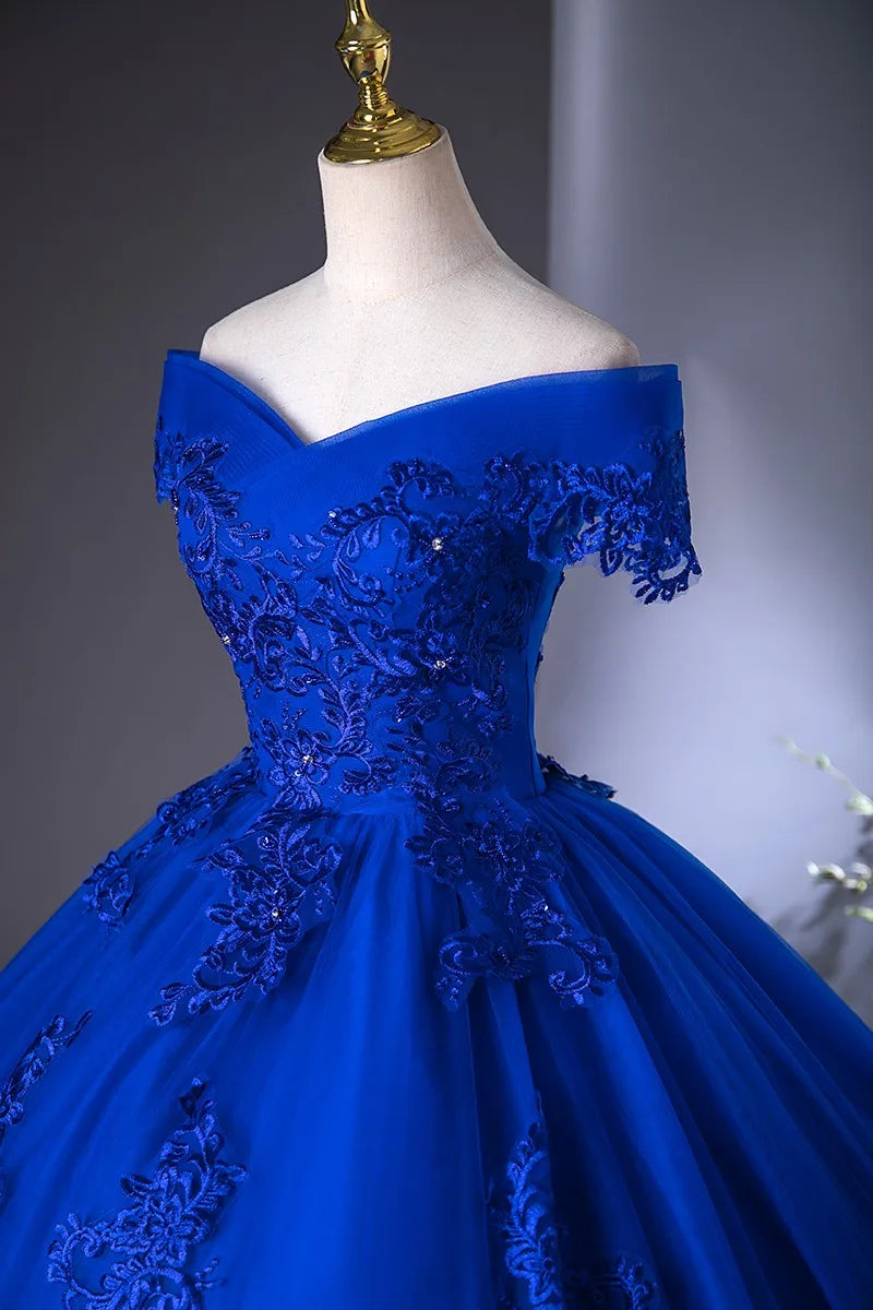 Royal Blue Off The Shoulder Lace Wedding Dress Appliques Beading Bride Dress Vintage Bridal Dresses Plus Size Customized