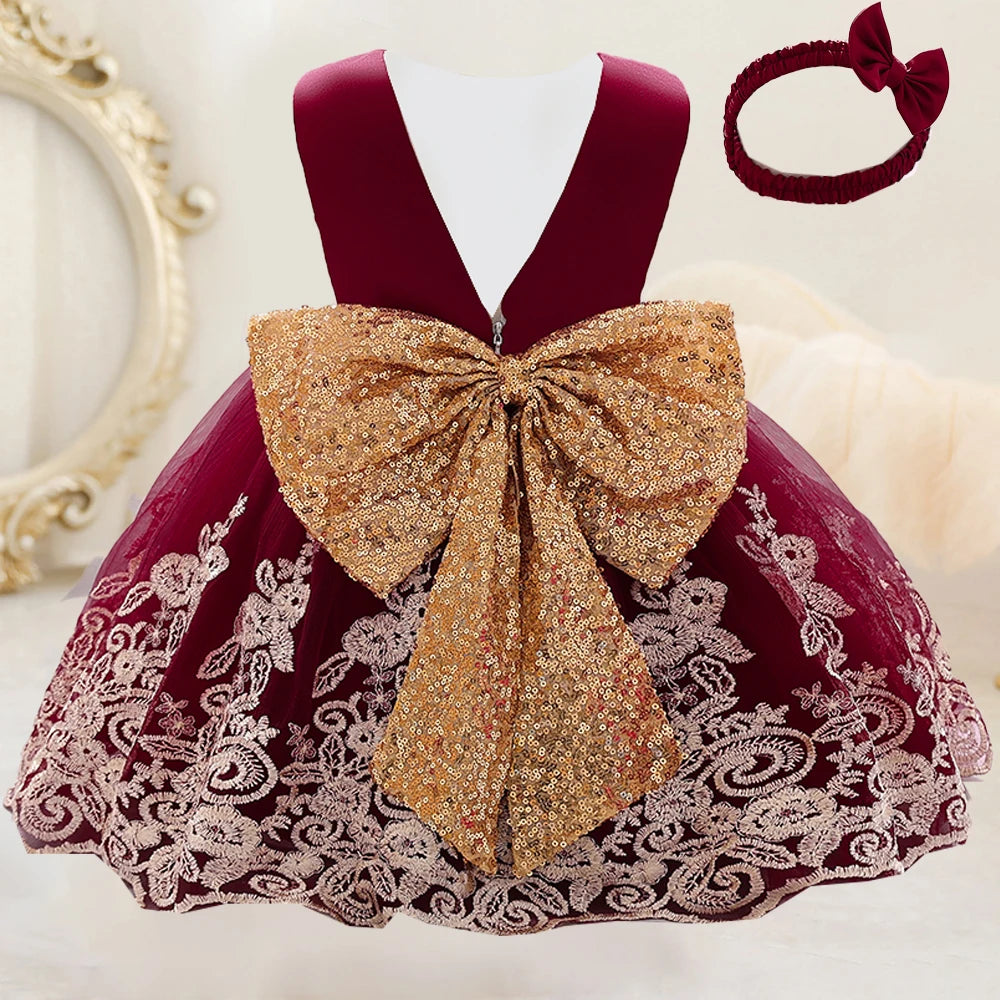 Gold Bow Flower Baby Dress for Girls Christmas Costumes 1st Birthday Party Princess Dresses Wedding Formal Evening Kids Clothing