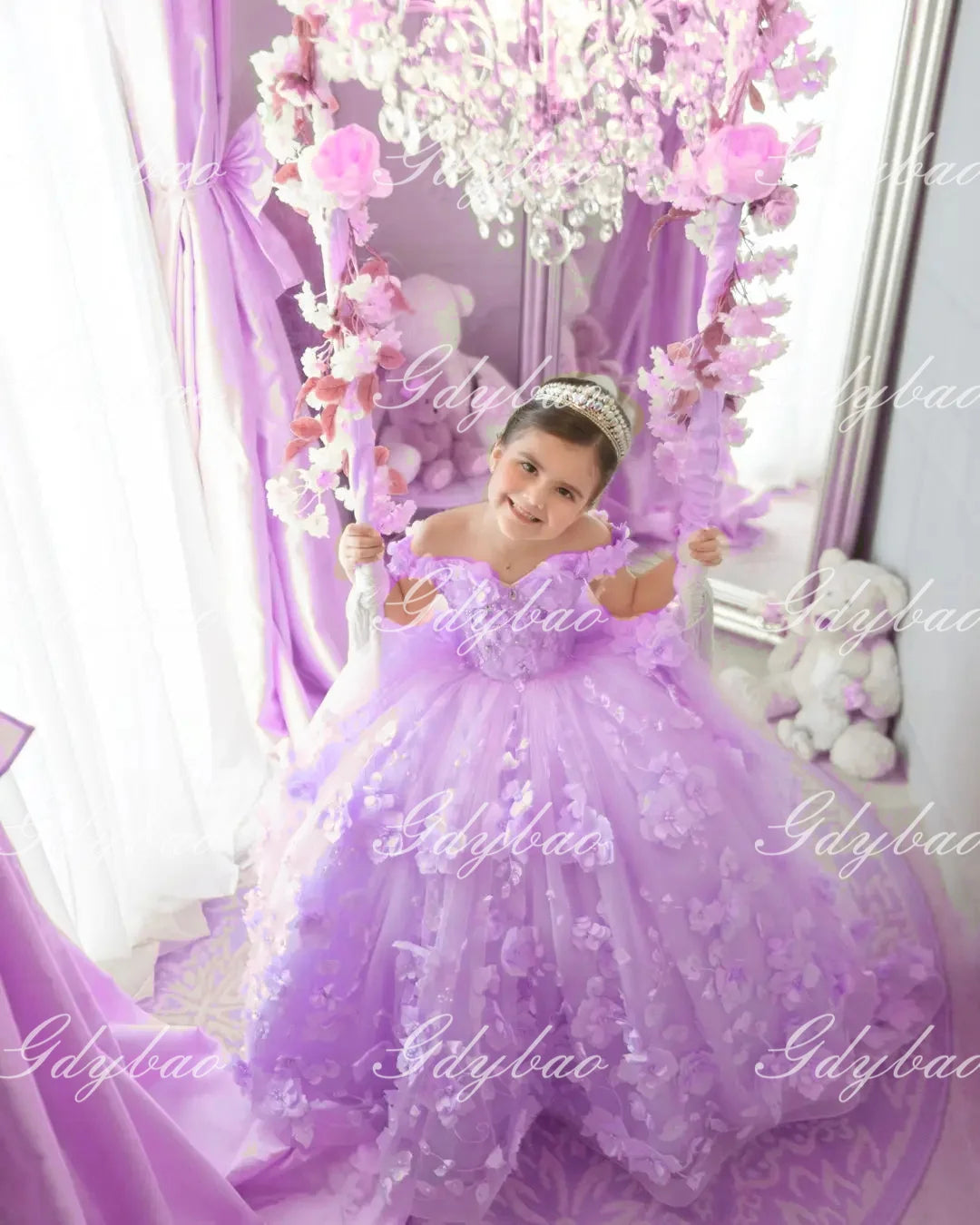 Pink 3d Applique Flower Girl Dress For Wedding Off Shoulder Luxurious Pearls Tulle Child First Eucharistic Birthday Party Dress