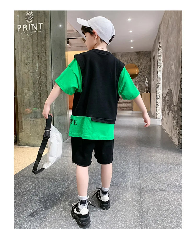 Summer Children Boy Clothes Set Kid Faux Two-piece Letterr Printed Tshirts and Shorts 2 Pieces Suit Teenage Top Bottom Outfits