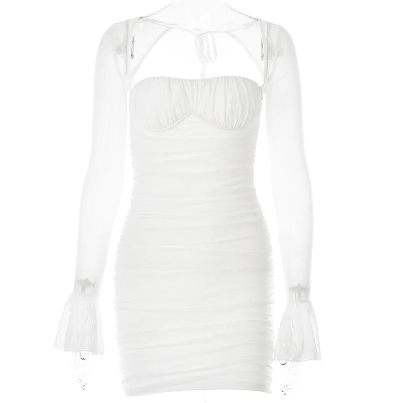Mozision Elegant Backless Sexy Mini Dress For Women Robe Two Layer Mesh Full Sleeve Zipper Bodycon Party Short Dress Vestido