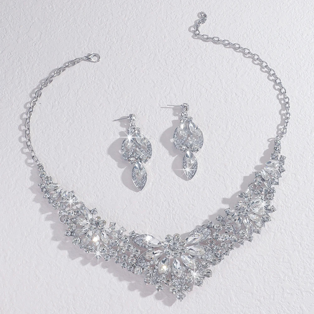 Wedding Bride Necklace Earrings Set Luxurious Simple Flower Rhinestone Clavicle Chain Necklace Eardrop Party Banquet Accessories