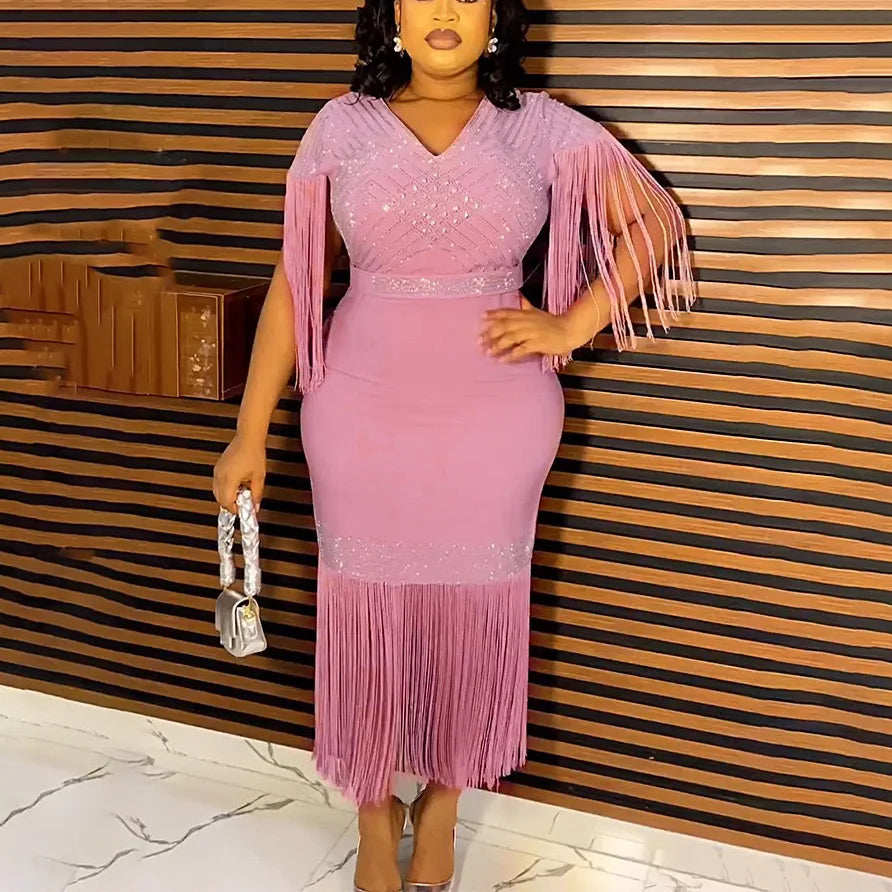 Elegant African Dresses New Trends Luxury Diamond Tassel V Neck Sheath Mid Calf Modest Female Business Work Wear Gowns Clothes