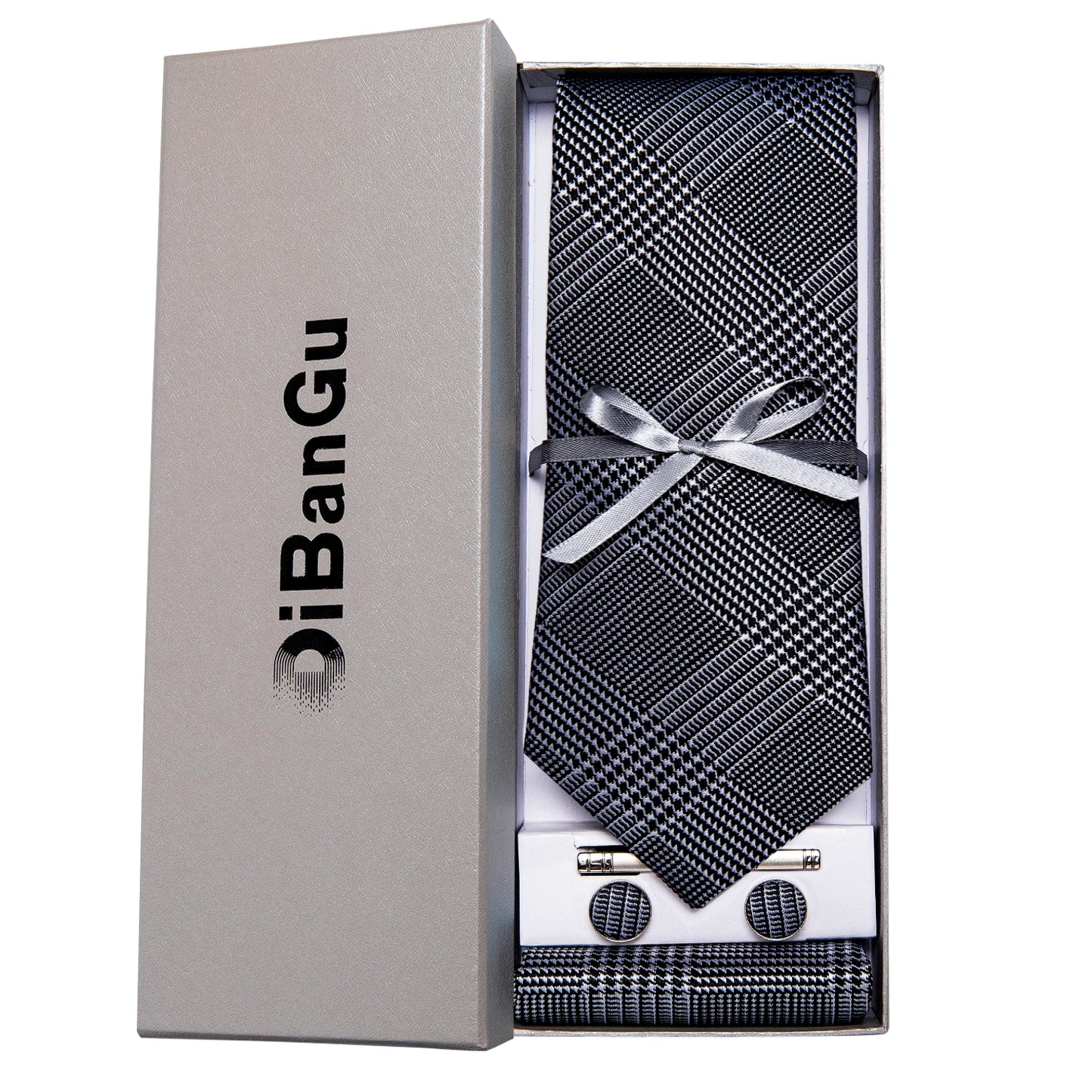 Solid Black Plaid Men's 8cm Polyester Neck Tie Handkerchief Cufflinks Set with Gift Box Tie Clip Birthday Anniversary Gift
