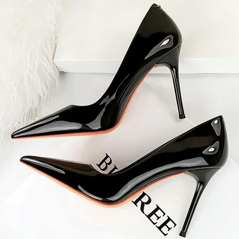 Women 7cm High Heels Career Temperament Work Pumps Lady Stiletto Heels Glossy Leather Fetish Royal Blue Nude Party Concise Shoes