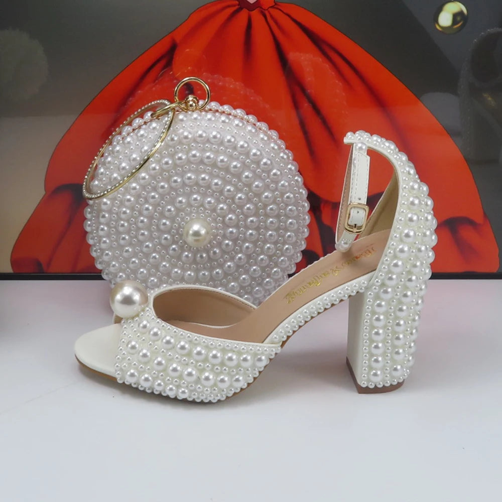 2024 New Arrival Hademade White Sandals Bridal shoes bag set woman Big Pearl Girls fashion Sandals party Shoes Fashion Thin Heel