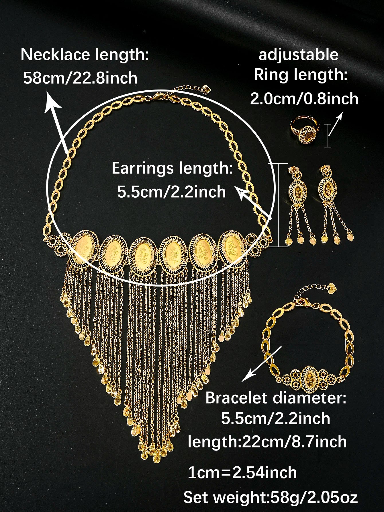 Dubai Fashion Wedding Jewelry Set for Women Round Necklace Tassels Bracelet Ring Earrings Sets African Bridal Gifts