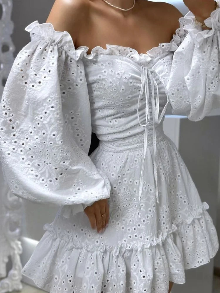 GypsyLady Off The Shoulder Sexy Mini Dresse Cotton Summer Elegant Hollow Out Ruffles Backless Women Vocation Casual Ladies Dress