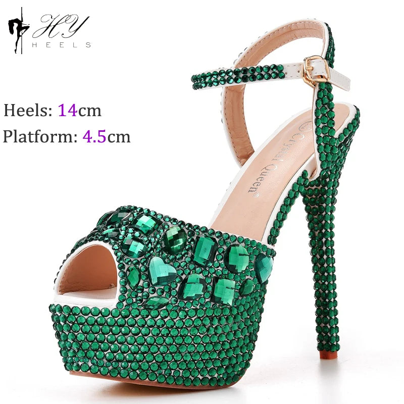 Fashion Diamond Wedding Shoes Ladies 14cm Heels Open-toed High-heeled Waterproof Platform Party Shoes Women