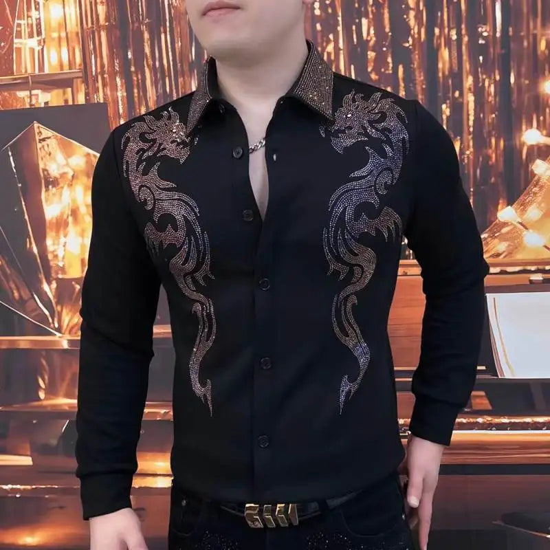 Quality Black Rhinestones Animal Shirt Camiseta Masculina Autumn Shirts For Men Social Club Outfits Hot Diamond Print Shirt Men