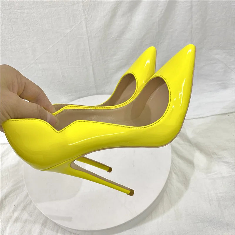 Elegant Glossy Black Curl Cut Women Pointy Toe 12cm High Heel Shoes Sexy V Cut Lady Party Wedding Stiletto Pumps Size 45