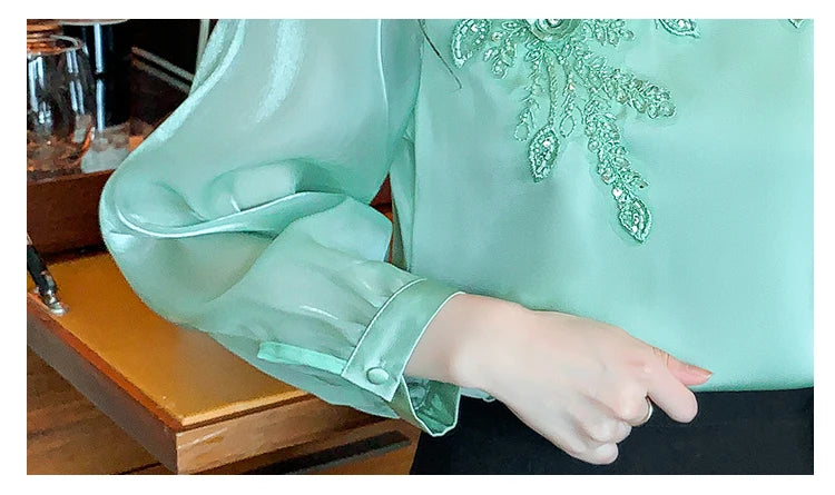H Han Queen Elegant Autumn Shirt Embroidery Beads Chiffon Simple Office Blouse Loose Tops Long Sleeve Casual Blouses Women