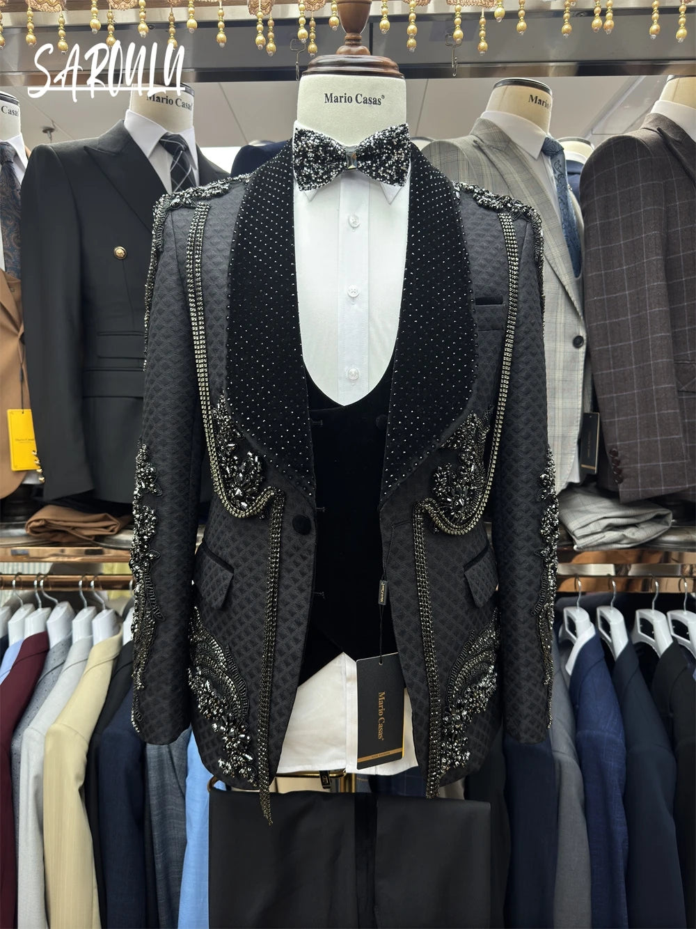 Celebrity Black Elegant Men's Suit Hot Sale Single Breasted Handsome Formal Banquet Luxurious Jacket Vest Pants Groom Wear